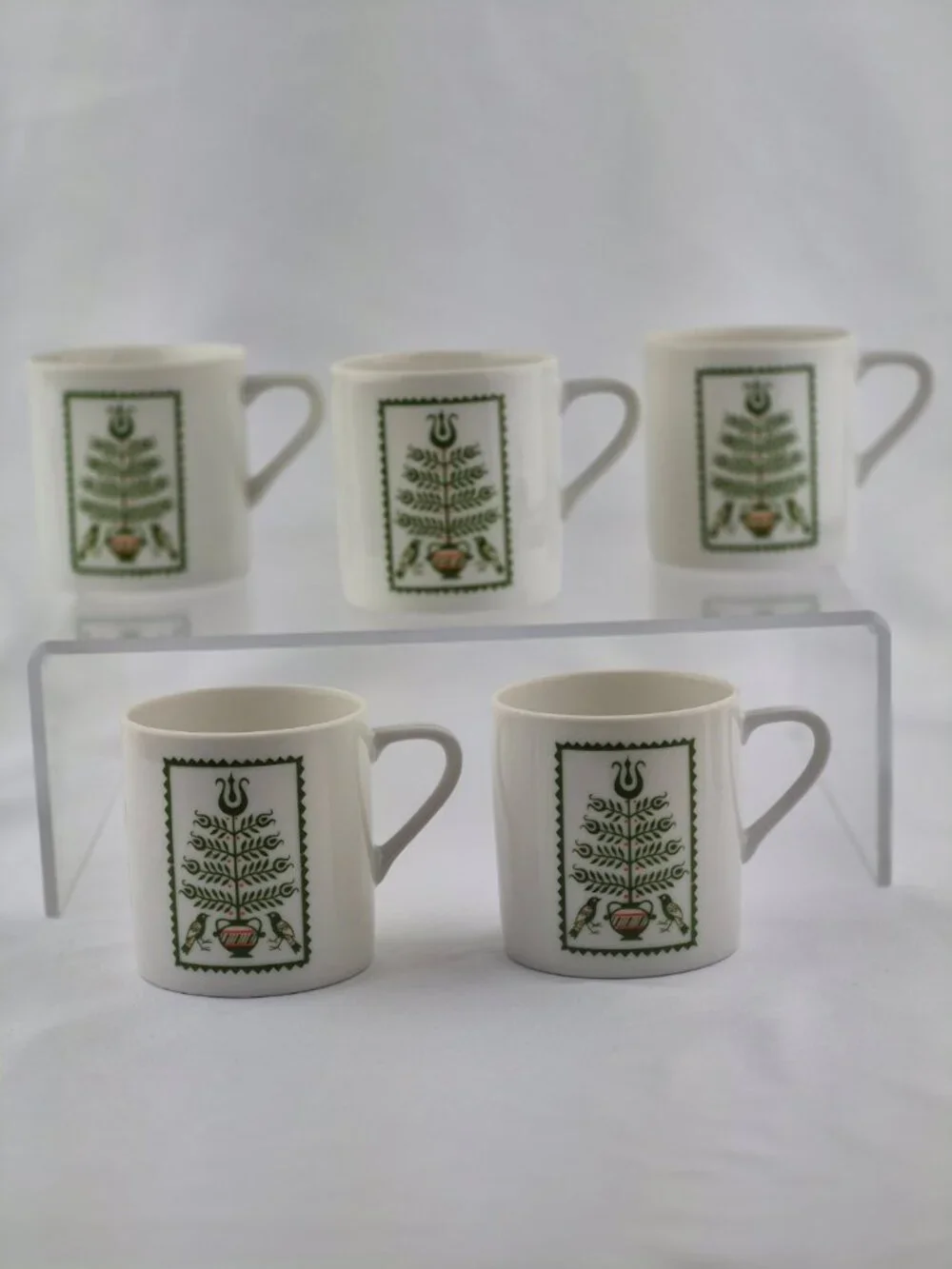 MCM Matte By Summit Coffee Set 5 Mugs, Sugar & Creamer w Lid Avacado Green Birds
